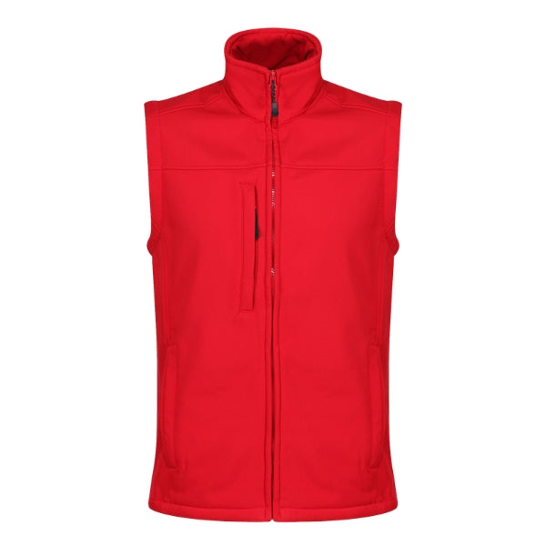 Front view of the Regatta Flux Softshell Bodywarmer in classic red showing wind resistant softshell construction and zipped chest pocket.