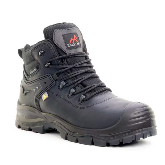 Side-angled view of the Rock Fall black waterproof safety boot with padded ankle, rugged outsole, and lace-up design, available at Kustom Workwear.
