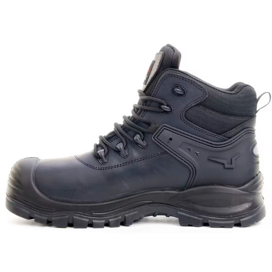 Full left-side profile of Rock Fall waterproof black safety boot showing smooth leather upper, reinforced midsole, and ankle support, sold at Kustom Workwear