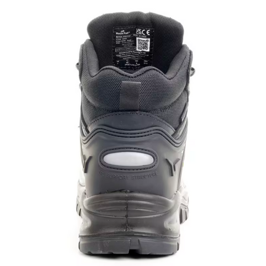 Rear view of Rock Fall black safety boot showing padded collar, back loop tab, and label inside tongue, from Kustom Workwear.