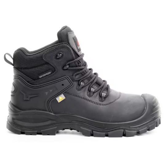 Right-side view of Rock Fall black mid-height safety boot with robust heel structure, lace hooks, and waterproof mesh panels, from Kustom Workwear.