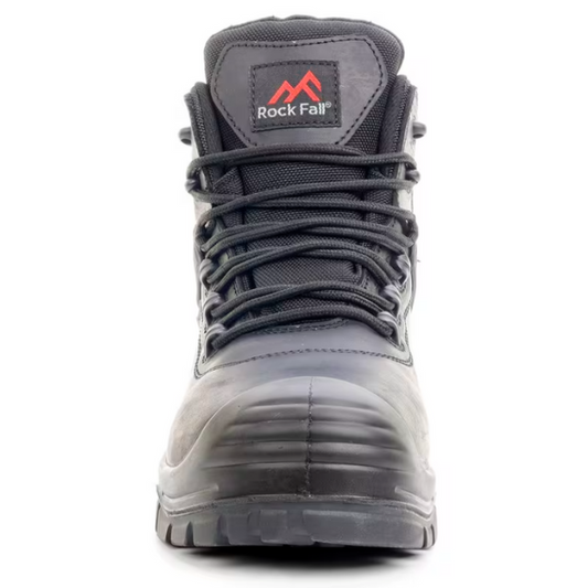 Straight-on front view of Rock Fall black work boot showing scuff-resistant toe cap, symmetrical lace-up design, and padded tongue, from Kustom Workwear.