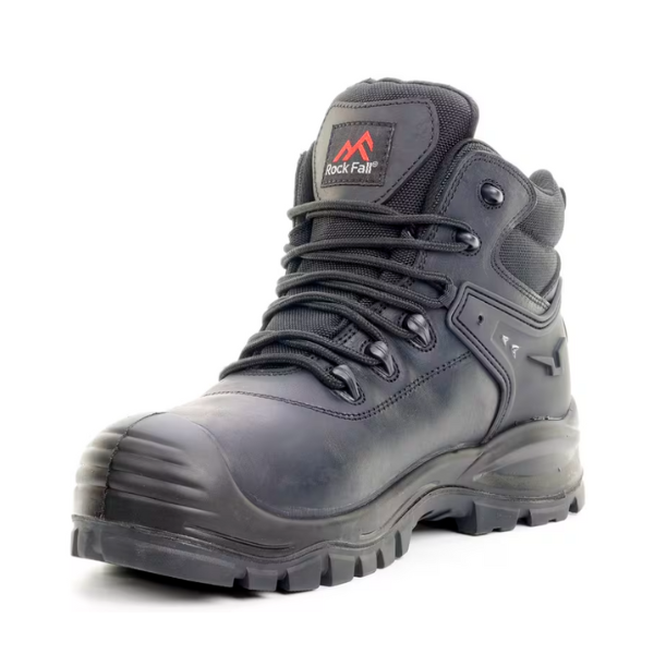 Angled front view of Rock Fall black safety boot highlighting steel toe protection, secure lacing, and rugged outsole grip, available at Kustom Workwear.
