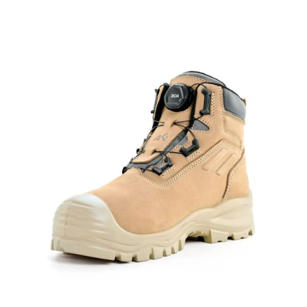 Angled view of the Rockfall Mason RF121 BOA safety boot in stone showing the overall work boot profile, cushioned midsole, reinforced toe area and BOA® Fit System for quick micro‑adjustment, on a white background.
