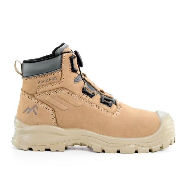 Side view of the Rockfall Mason RF121 BOA safety boot in stone highlighting the BOA® Fit System, reinforced leather upper, secure lace‑free closure and supportive high‑ankle work boot construction, displayed on a white background.