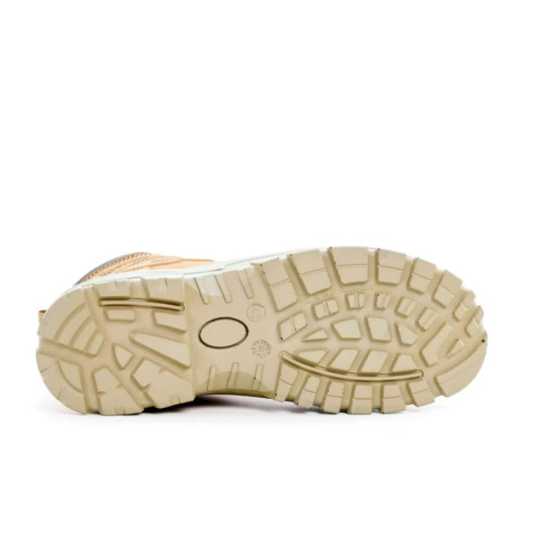 Outsole view of the Rockfall Mason RF121 BOA safety boot showing the rugged PU outsole with deep traction pattern designed for grip and stability across construction, industrial and general trade environments, photographed on a white background.
