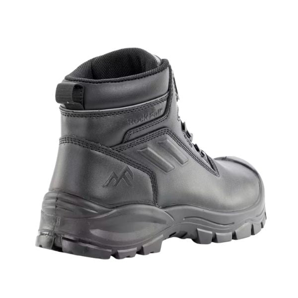 Back view of the Rockfall Barlow BOA RF815 safety boot in black showing the reinforced heel counter, cushioned collar and supportive rear design for stability and comfort during long work shifts, on a white background.
