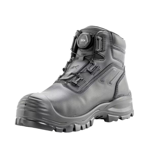 Side view of the Rockfall Barlow BOA RF815 safety boot in black highlighting the BOA® Fit System closure, reinforced leather upper, padded ankle support and sturdy work boot construction, displayed on a white background.
