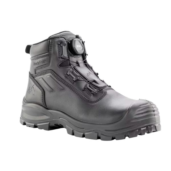 Front view of the Rockfall Barlow BOA RF815 safety boot in black, featuring a water repellent LWG Gold‑rated leather upper, BOA® Fit System dial, integrated scuff cap and steel safety toe for reliable protection on site, photographed on a white background.
