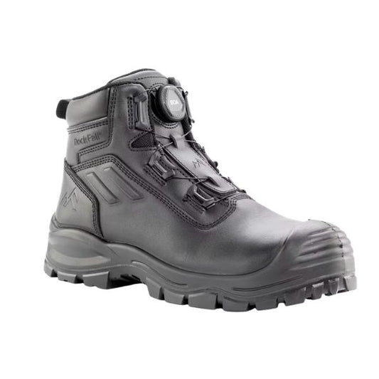 Front view of the Rockfall Barlow BOA RF815 safety boot in black, featuring a water repellent LWG Gold‑rated leather upper, BOA® Fit System dial, integrated scuff cap and steel safety toe for reliable protection on site, photographed on a white background.