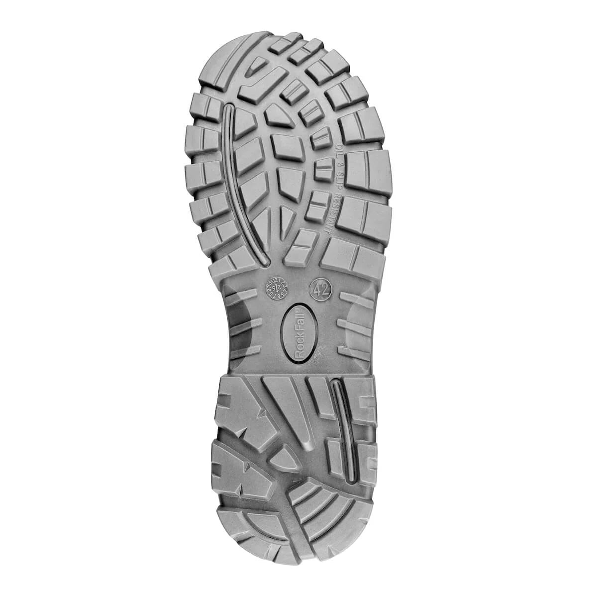 Outsole view of the Rockfall Hudson RF841 Chelsea safety boot featuring a rugged PU outsole with deep traction pattern designed for grip and stability across construction, warehouse and industrial environments, photographed on a white background.