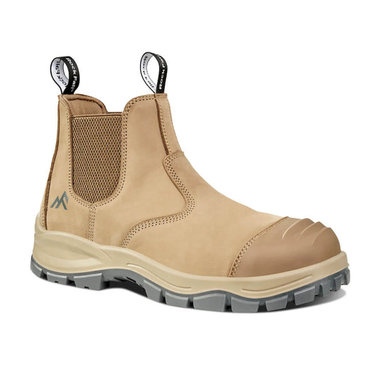 Front view of the Rockfall Hudson RF841 Chelsea safety boot in stone, featuring a pull‑on elastic Chelsea design, smooth leather upper, steel safety toe and cushioned ankle collar, photographed on a white background.