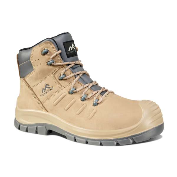 Side view of the Rock Fall RF851 Medway Safety Boot in sand beige, featuring a fibreglass toe cap, water repellent nubuck leather upper, metal‑free eyelets, padded ankle collar and a rugged slip‑resistant PU outsole, displayed on a transparent background.