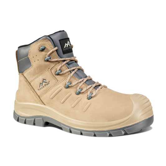 Side view of the Rock Fall RF851 Medway Safety Boot in sand beige, featuring a fibreglass toe cap, water repellent nubuck leather upper, metal‑free eyelets, padded ankle collar and a rugged slip‑resistant PU outsole, displayed on a transparent background.