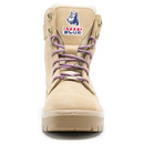 Front view of Steel Blue Women’s Southern Cross Safety Boots with purple laces, steel toe, and embroidered brand logo on tongue.