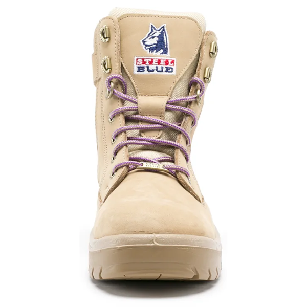 Front view of Steel Blue Women’s Southern Cross Safety Boots with purple laces, steel toe, and embroidered brand logo on tongue.