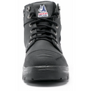 Front view of Black high-top boot with a brand logo on a white background.