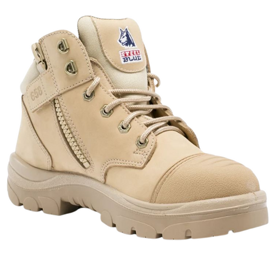 Steel Blue Parkes S3 safety boots in sand color with side zip, lace-up front, and toe cap.