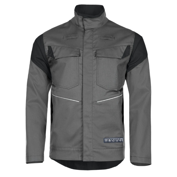 Front view of the Sioen Orel flame retardant jacket 601UA2PJH in anthracite grey/black, worn on-model, showing chest and lower flap pockets.
