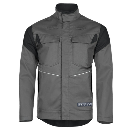 Front view of the Sioen Orel flame retardant jacket 601UA2PJH in anthracite grey/black, worn on-model, showing chest and lower flap pockets.