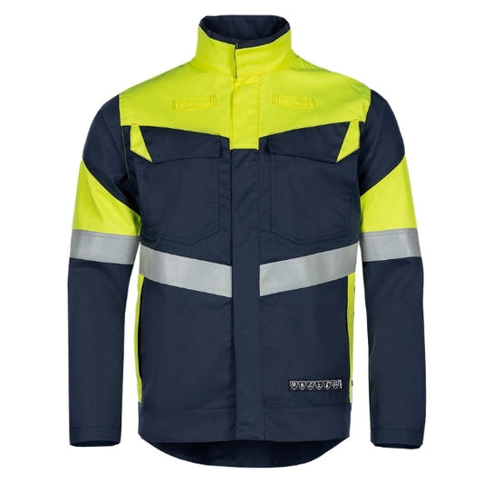 Front view of the Sioen Norwan hi-vis flame retardant jacket 603UA2PJH in navy blue/high-vis yellow with reflective striping.