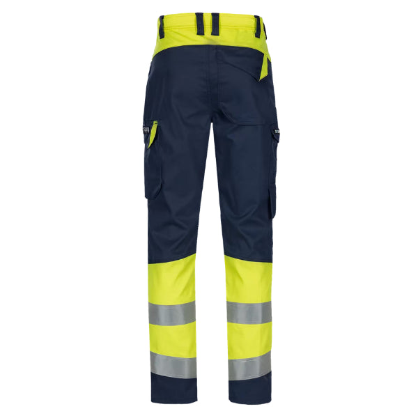 Sioen Pro Arc Flash Work Trousers rear view showing the patched back pocket with gusset, hidden press stud flap and reflective striping in navy and high-vis yellow.