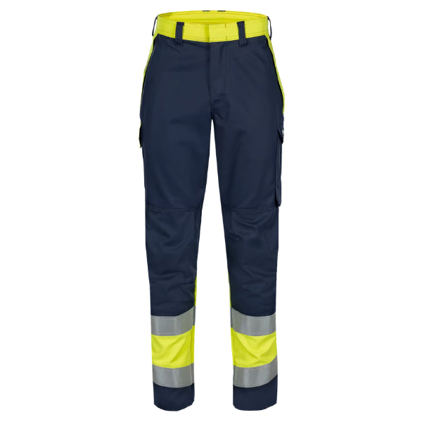 Sioen Pro Flame Retardant Work Trousers 103UA2PJH in navy blue and high-vis yellow, front view showing elasticated waist, bottom-loading kneepad pockets and reflective flame retardant striping.