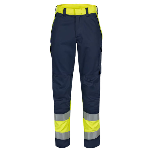 Sioen Pro Flame Retardant Work Trousers 103UA2PJH in navy blue and high-vis yellow, front view showing elasticated waist, bottom-loading kneepad pockets and reflective flame retardant striping.