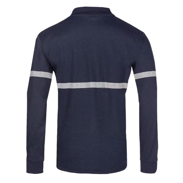 Sioen Pro Flame Retardant Long-Sleeve Polo 580AA2MF4 side view showing round set-in sleeve and navy blue fabric fit.