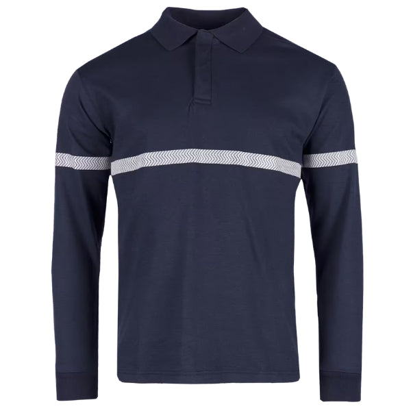 Sioen Pro Flame Retardant Long-Sleeve Polo 580AA2MF4 in navy blue, front view showing polo collar, hidden button closure and segmented reflective stripe.