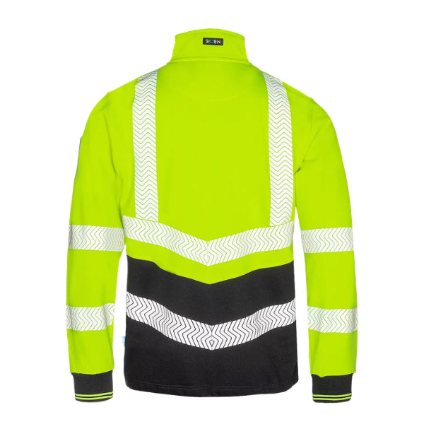 Sioen Pro Arc Flash Hi-Vis Sweatshirt rear view showing full reflective tape placement across the shoulders and back in high-vis yellow and navy blue.