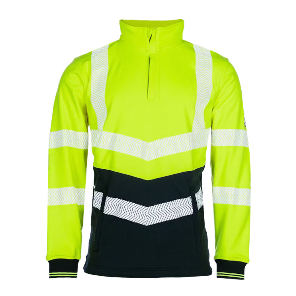 Sioen Pro Flame Retardant Hi-Vis Sweatshirt 616AA2MR5 in high-vis yellow and navy blue, front view showing straight collar, zip closure under flap and segmented reflective tape.