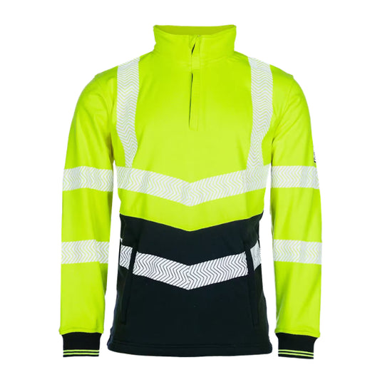 Sioen Pro Flame Retardant Hi-Vis Sweatshirt 616AA2MR5 in high-vis yellow and navy blue, front view showing straight collar, zip closure under flap and segmented reflective tape.