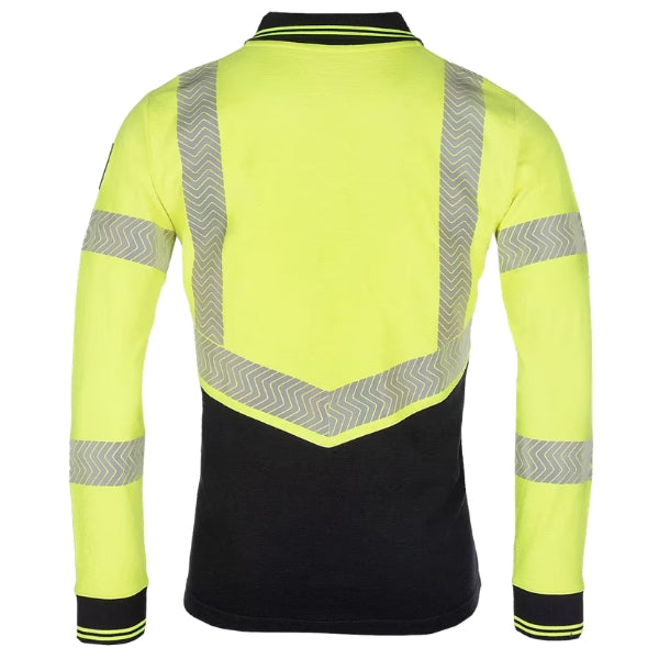 Sioen Pro Arc Flash Hi-Vis Polo rear view showing segmented flame retardant reflective striping in high-vis yellow and navy blue.