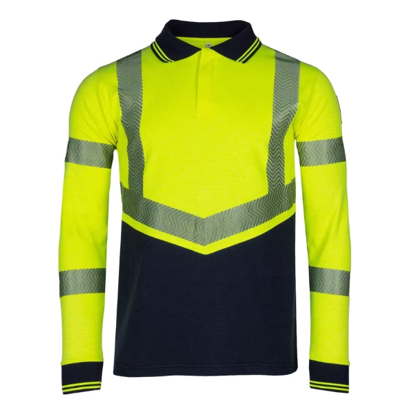 Sioen Pro Flame Retardant Hi-Vis Polo 742AA2MF4 in high-vis yellow and navy blue, front view showing long sleeves, polo collar and contrasting colour panels.