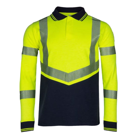 Sioen Pro Flame Retardant Hi-Vis Polo 742AA2MF4 in high-vis yellow and navy blue, front view showing long sleeves, polo collar and contrasting colour panels.