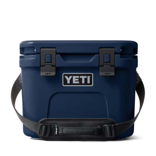 Blue YETI cooler with black straps on a white background. Available at Kustom Workwear.
