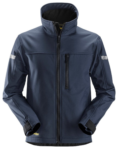 Front view of the Snickers 1200 Allround work softshell jacket in navy, featuring windproof and water‑repellent softshell fabric, reinforced panels for added protection, a high protective collar and a full length YKK zipper, built for professional workwear performance, photographed on a white background.