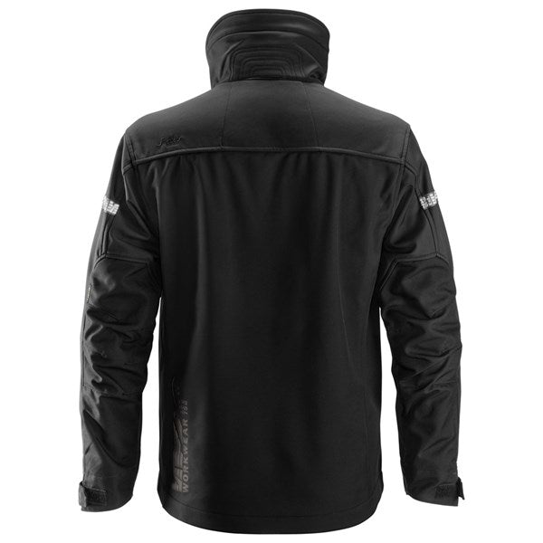 Snickers Windproof Softshell Jacket 1200 in black, back view showing the dropped hem and reinforced fabric zones