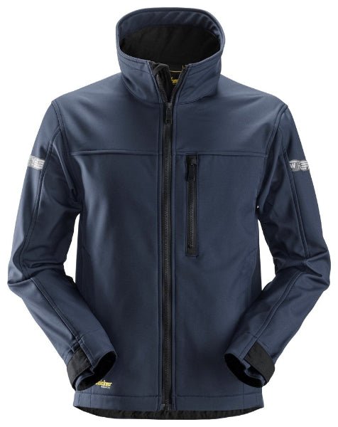 Snickers Softshell Jacket 1200 in navy, front view showing the high protective collar and YKK zipper
