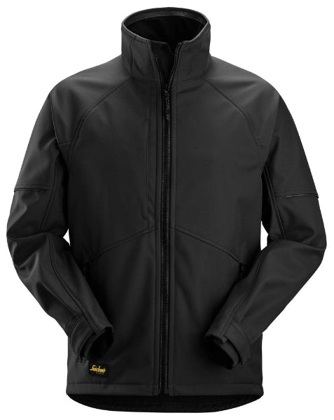 Front view of the Snickers 1258 AllroundWork softshell jacket in black, featuring a high collar, full zip front and clean workwear design, photographed on a white background.