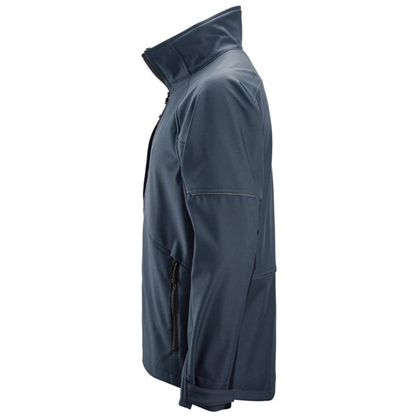 Left side view of the Snickers 1258 AllroundWork softshell jacket in navy, highlighting the structured fit, sleeve shape and protective high collar, photographed on a white background.