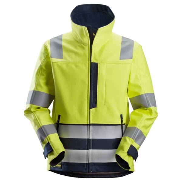 Front view of the Snickers 1260 ProtecWork softshell jacket in high vis yellow/navy featuring zipped chest pocket and high protective collar.