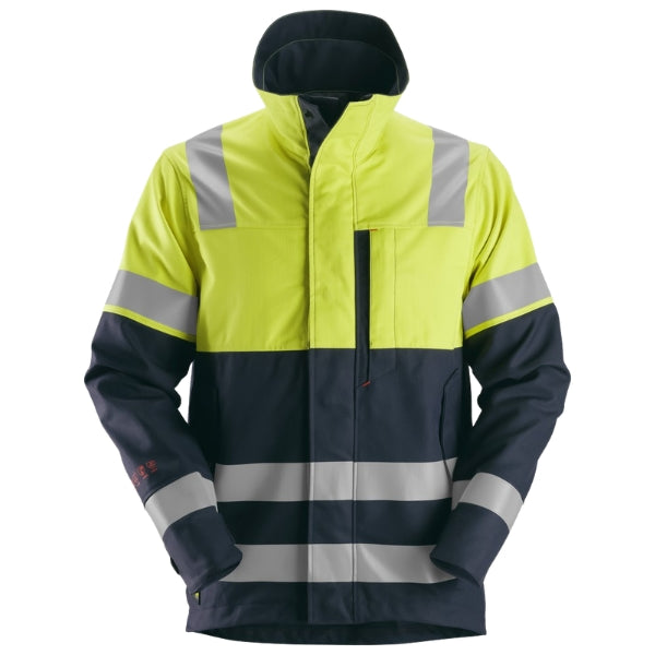 Front view of the Snickers 1560 ProtecWork Arc Shell Jacket in navy and high vis yellow featuring Class 1 reflective tape and full zip closure.