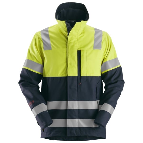 Front view of the Snickers 1560 ProtecWork Arc Shell Jacket in navy and high vis yellow featuring Class 1 reflective tape and full zip closure.