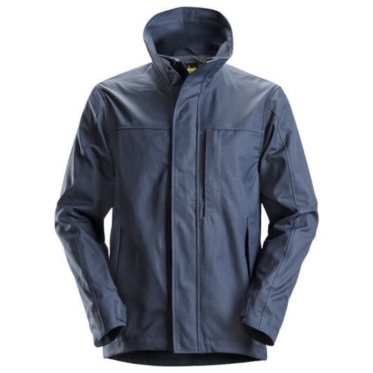 Front view of the Snickers 1566 ProtecWork Arc Shell Jacket in navy featuring full zip closure and side pockets with flaps.