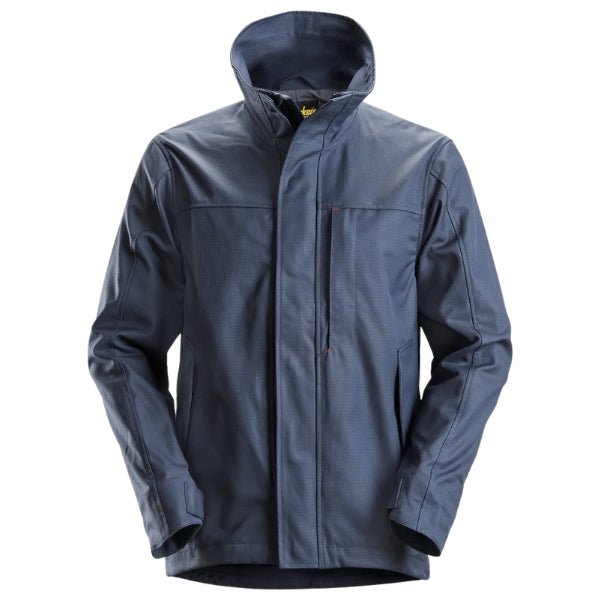 Front view of the Snickers 1566 ProtecWork Arc Shell Jacket in navy featuring full zip closure and side pockets with flaps.