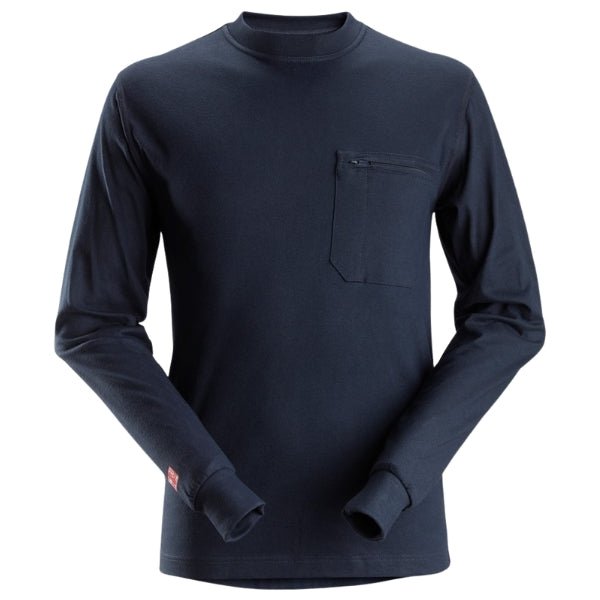 Front view of the Snickers ProtecWork Long Sleeve T-Shirt 2460 in navy showing crew neck, zipped chest pocket and ribbed cuffs.
