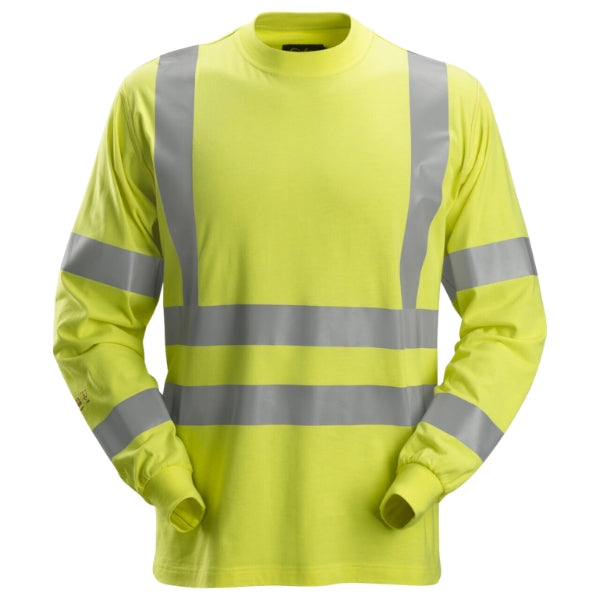 Front view of the Snickers ProtecWork Hi-Vis Long Sleeve T-Shirt 2461 in high vis yellow showing segmented reflective tape and ribbed crew neck.