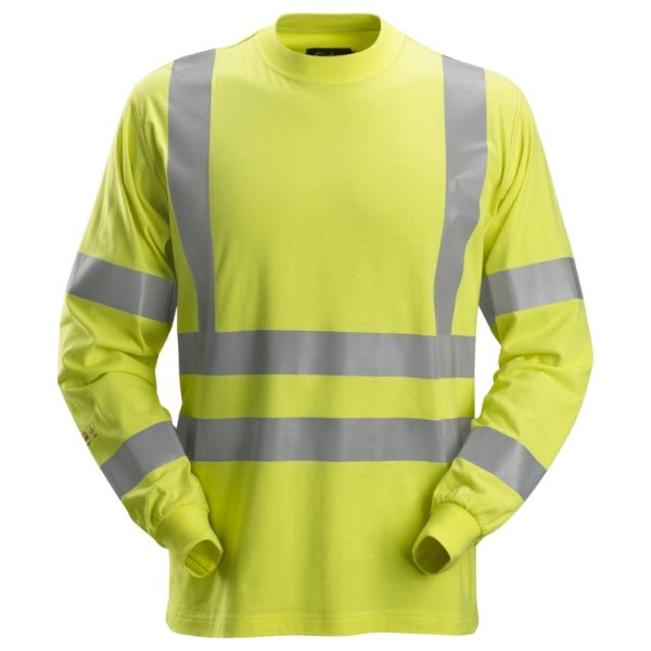 Front view of the Snickers ProtecWork Hi-Vis Long Sleeve T-Shirt 2461 in high vis yellow showing segmented reflective tape and ribbed crew neck.